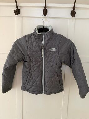 The North Face Kids Gray Quilted Puffer Jacket with Pale Blue Sherpa Lining